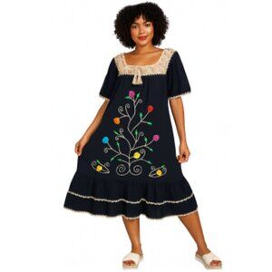Chuchi Embroidered Boho Peasant Dress Black Crochet Lace Ruffle‎ Hem